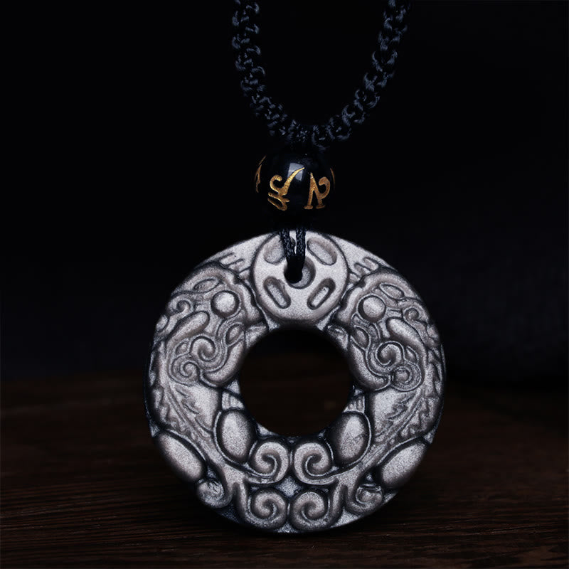 Buddha Stones Natural Silver Sheen Obsidian Double PiXiu Copper Coin Peace Buckle Protection Necklace Pendant Necklaces & Pendants BS 5