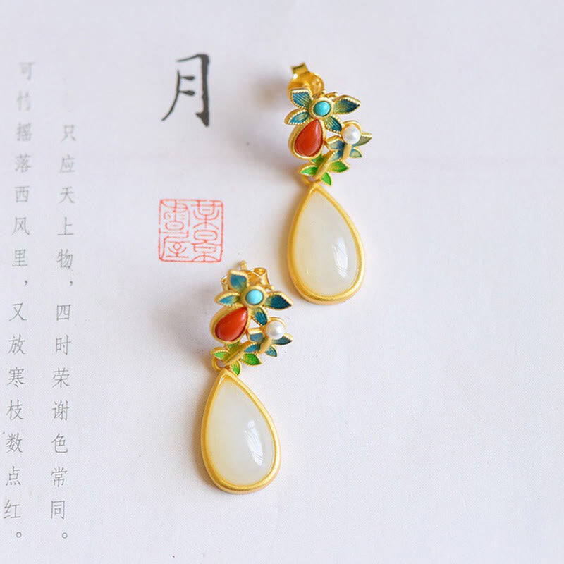 Buddha Stones Water Drop White Jade Red Agate Butterfly Protection Drop Dangle Earrings Earrings BS 3