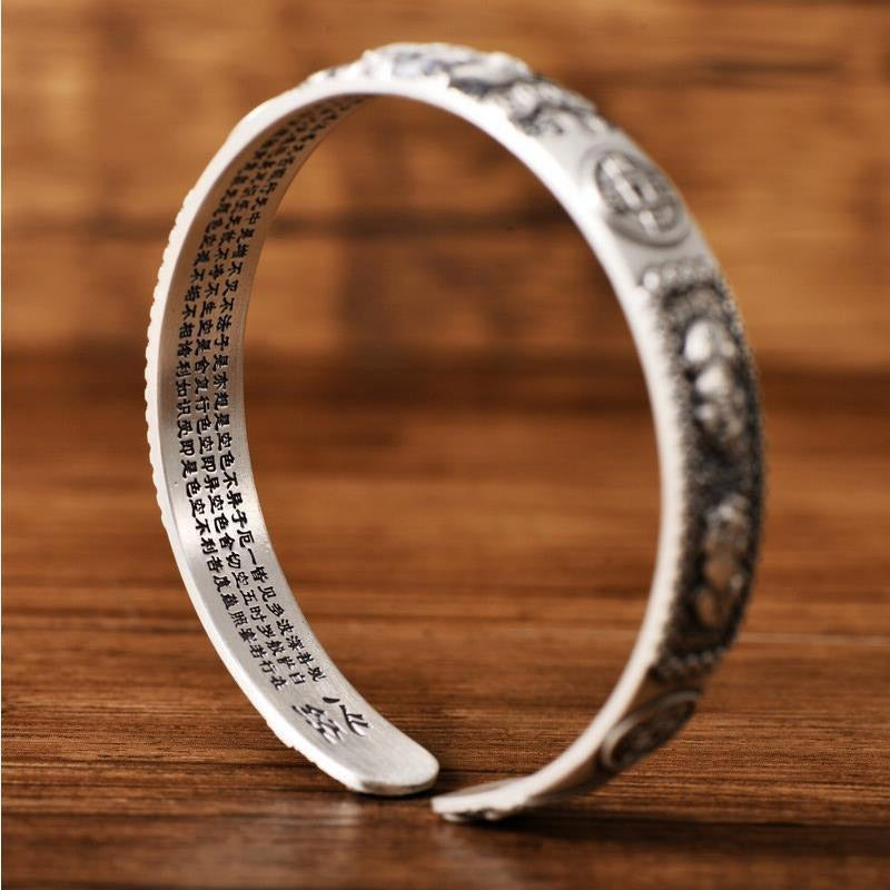 Buddha Stones Tibetan PiXiu Heart Sutra Coin White Copper Wealth Bracelet Adjustable Bangle Bracelet BS 4