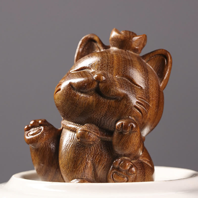 Buddha Stones Mini Green Sandalwood Ingot Lucky Cat Carved Peace Desk Decorations Decorations BS 4