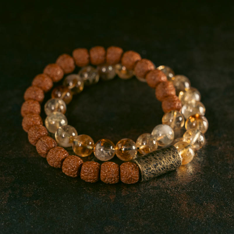 Buddha Stones Natural Citrine Crystal Rudraksha Bodhi Seed Brass Bead Prosperity Double Wrap Bracelet Bracelet BS 1
