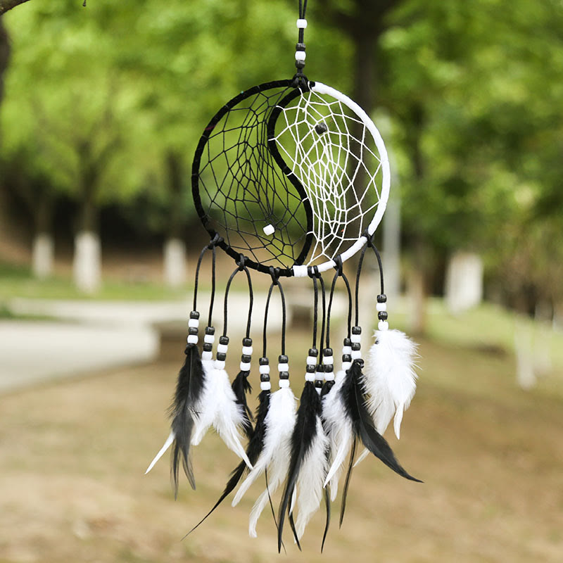 Buddha Stones Yin Yang Dream Catcher Circular Net with Feathers Balance Decoration Decorations BS 18