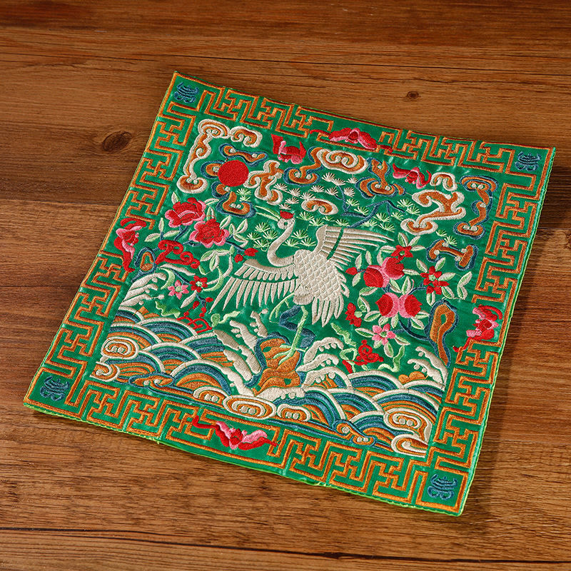 Buddha Stones Crane Phoenix Dragon Kirin Embroidered Cup Mat Pad Tea Cup Coaster Square Kung Fu Tea Mat Tea Mat BS Green White Crane