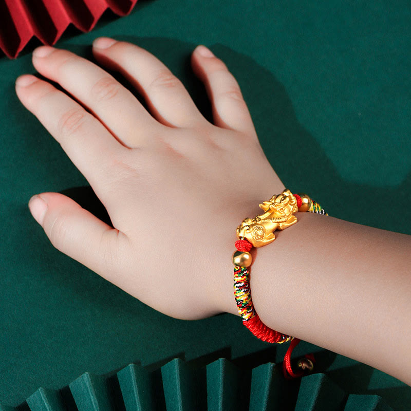 Buddha Stones 999 Sterling Silver PiXiu Wealth King Kong Knot String Braided Kids Child Bracelet Bracelet BS 999 Sterling Silver Golden PiXiu Colorful Rope(Bracelet Size 12+4cm)