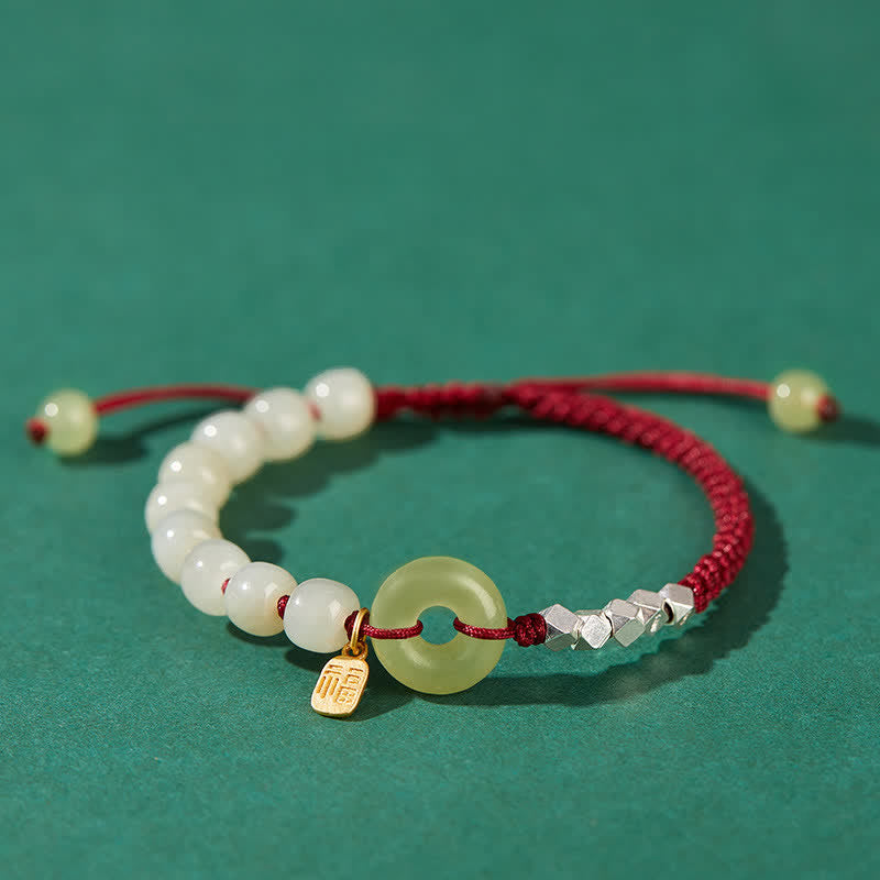 Buddha Stones 925 Sterling Silver Hetian Jade Peace Buckle Beaded Luck Happiness Charm Bracelet Bracelet BS Dark Red