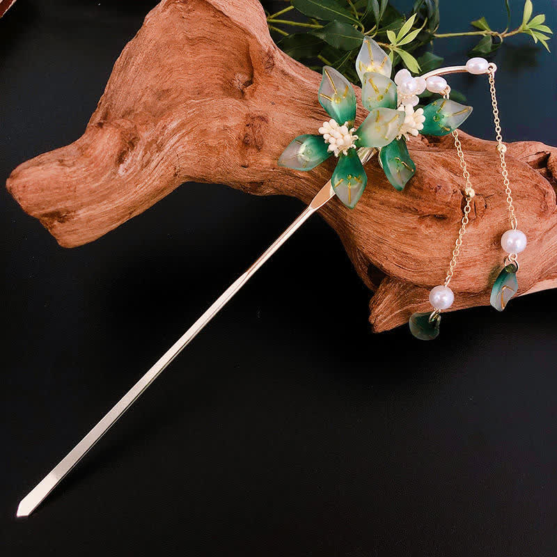 Buddha Stones Flower Leaf Pearl Peace Tassel Hairpin Hairpin BS 1