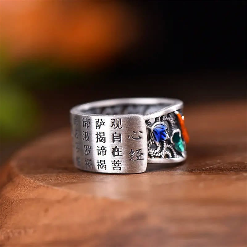 Buddha Stones Copper Blue Enamel Lotus Heart Sutra Koi Fish Luck Ring Ring BS 3