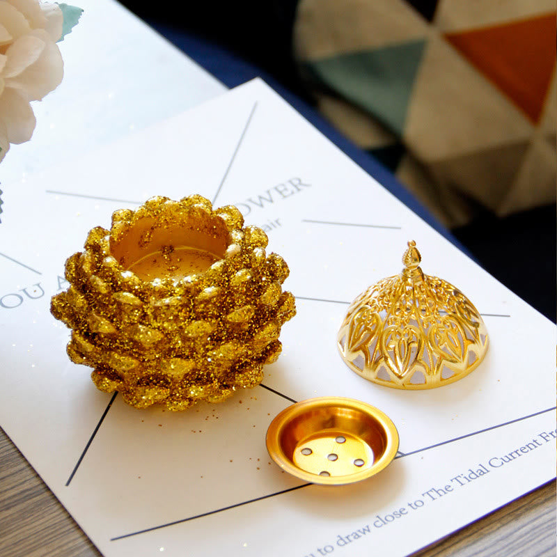 Buddha Stones Gold Pine Cone Pattern Spiritual Rituals Mini Incense Burner Home Tabletop Decor Incense Burner BS 5