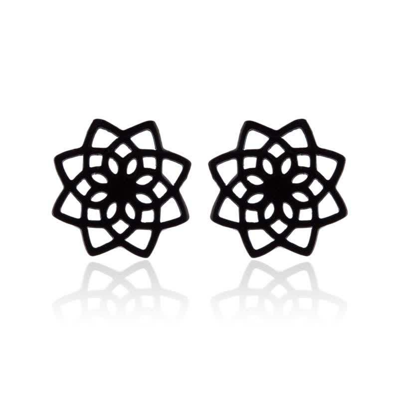 Buddha Stones Tibetan Lotus Pattern New Beginning Stud Earrings Earrings BS Black