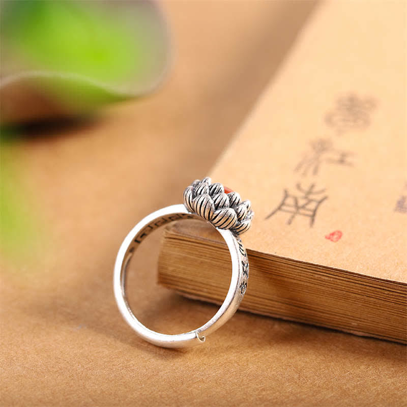 Buddha Stones925 Sterling Silver Lotus Red Agate Confidence Blessing Ring - image 5