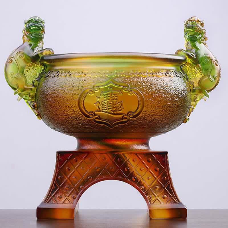 Buddha Stones Handmade Liuli Crystal PiXiu Treasure Bowl Art Piece Home Decoration Decorations BS 1