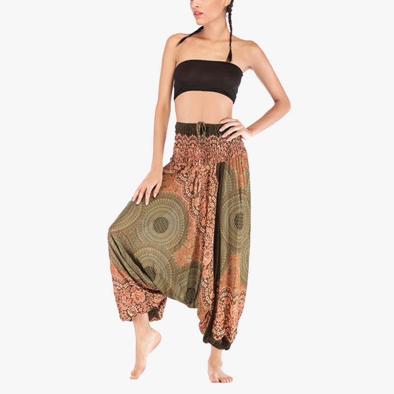 Buddha Stones Two Style Wear Round Geometric Pattern Loose Smocked Harem Trousers Jumpsuit High Waist Women's Yoga Pants Harem Pants&Bodysuit BS 40