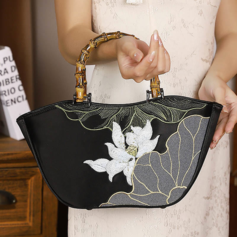 Buddha Stones Lotus Embroidery Bamboo Handle Handbag Handbags BS 9
