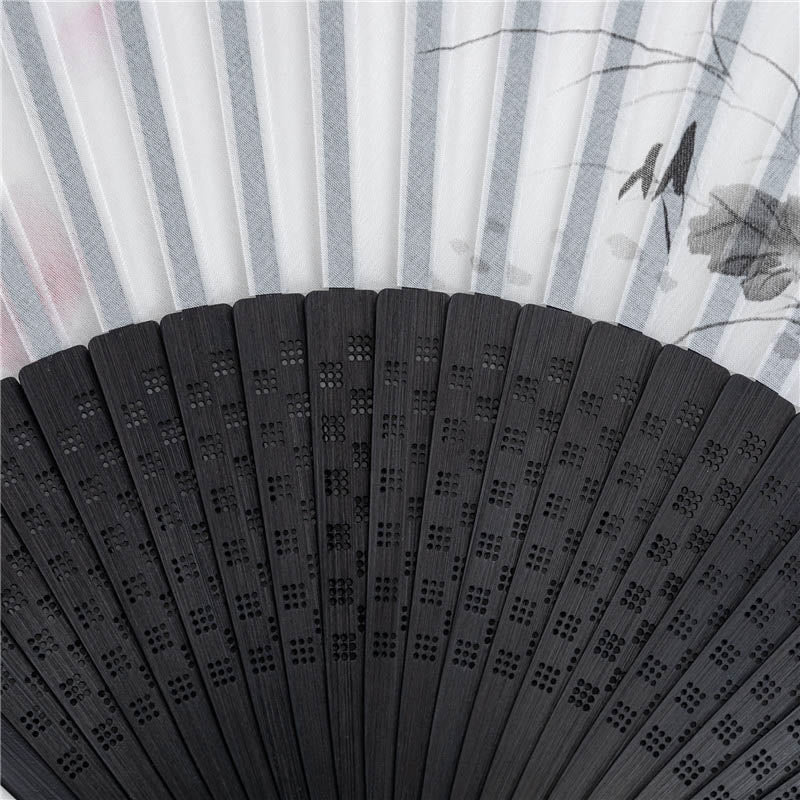 Buddha Stones Mountains Plum Blossom Lotus Magpie Bamboo Leaves Handheld Silk Bamboo Folding Fan 22.5cm 6