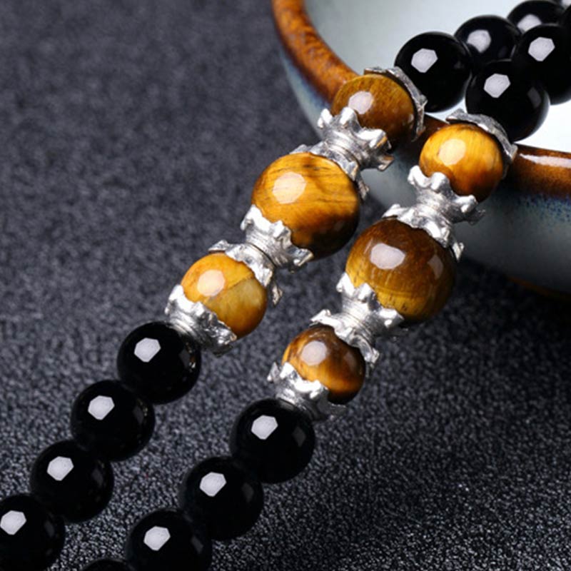 Buddha Stones 108 Beads Natural Black Obsidian Tiger Eye Mala Bracelet Mala Bracelet BS 9