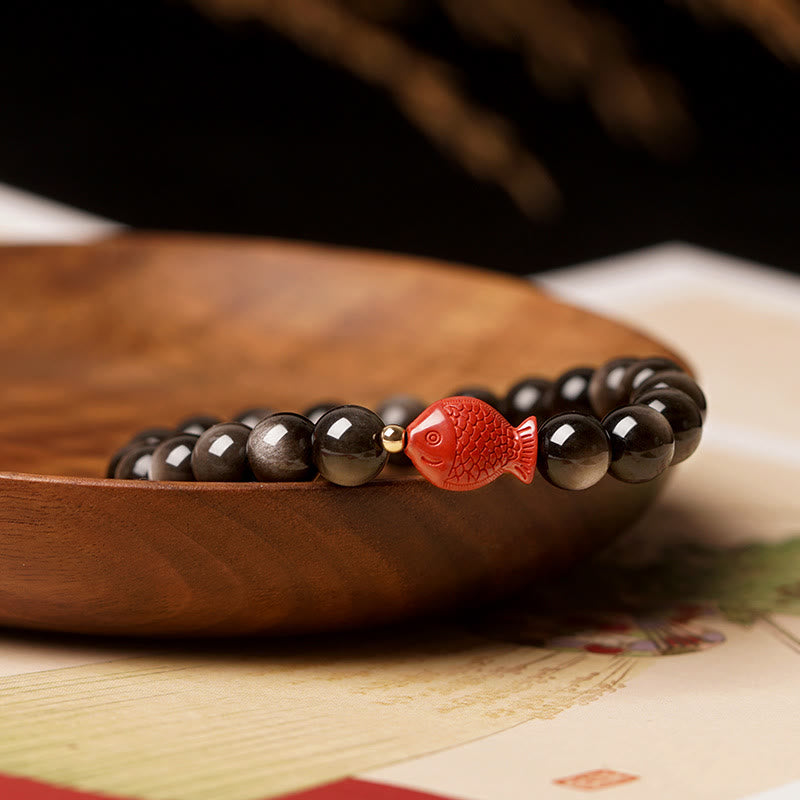 Foviel Natürlich Silber Sheen Obsidian Zinnober Koi Fisch Beruhigender Schutz Armband