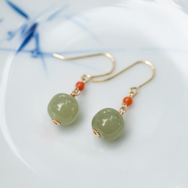 Buddha Stones 925 Sterling Silver 14K Gold Plated Hetian Jade Red Agate Luck Drop Dangle Earrings Earrings BS 2