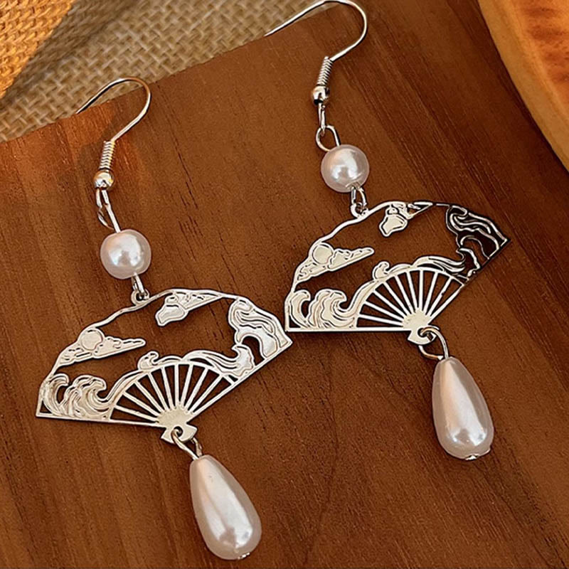 Buddha Stones Copper Fan Auspicious Clouds Pearl Healing Drop Earrings 1