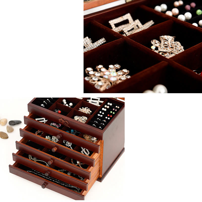 Buddha Stones Vintage Plum Blossom Carved Wooden Jewelry Box Six-Layer Jewelry Storage Box Jewelry Box BS 6
