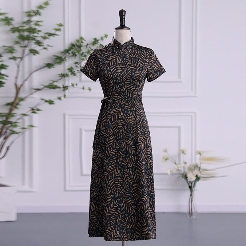 Buddha Stones Vintage Auspicious Clouds Leaf Print Cheongsam Dress Women's Qipao Dress - Black Leaf - US16,UK/AU20,EU48 (5XL) - image 14
