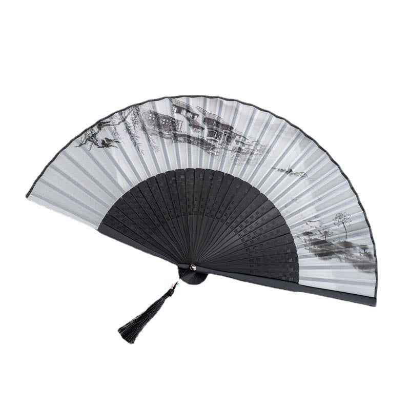 Buddha Stones Mountains Plum Blossom Lotus Magpie Bamboo Leaves Handheld Silk Bamboo Folding Fan 22.5cm 10