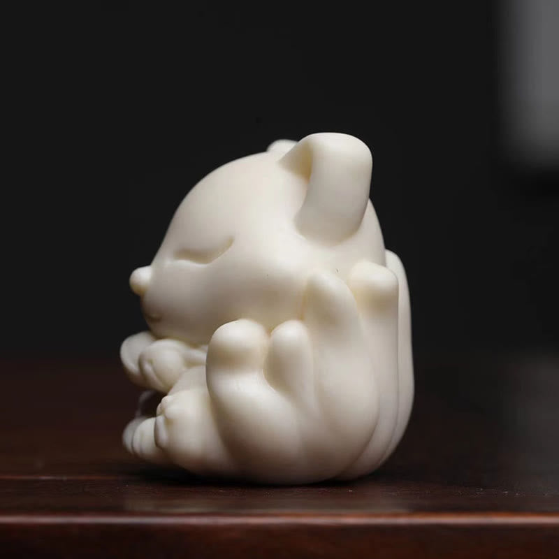 Buddha Stones Mini Nine-Tailed Fox Ivory Fruit Sandalwood Green Sandalwood Blessing Decoration Decorations BS 4