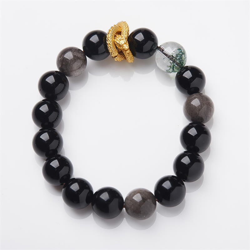 Buddha Stones Natural Silver Sheen Obsidian Dragon Green Phantom Protection Bracelet Bracelet BS 1