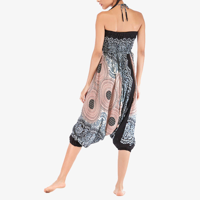 Buddha Stones Two Style Wear Round Geometric Pattern Loose Smocked Harem Trousers Jumpsuit High Waist Women's Yoga Pants Harem Pants&Bodysuit BS 36