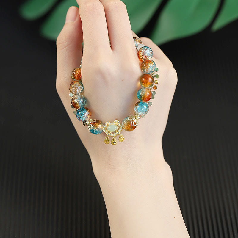 Buddha Stones Colorful Liuli Glass Bead Chinese Lock Charm Fortune Bracelet Bracelet BS 6