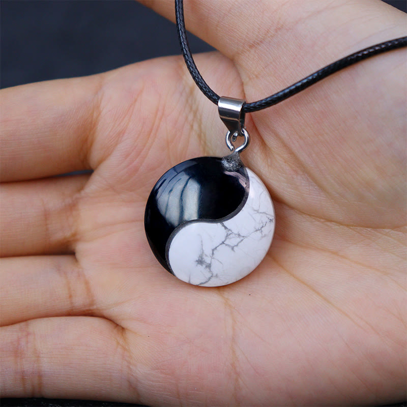 Buddha Stones Natural Black Obsidian White Turquoise Yin Yang Transformation Rope Necklace Pendant 4