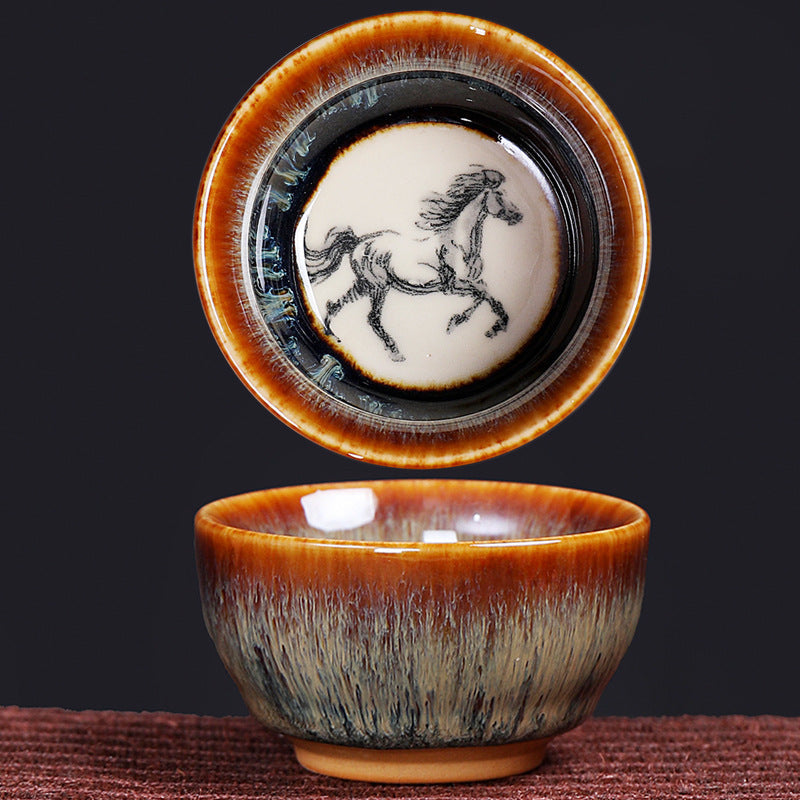 Buddha Stones 12 Chinese Zodiac Pattern Ceramic Teacup Kung Fu Jian Chinese Zhan Tea Cup 73ml Jian Zhan Tea Cup BS Horse 6.8cm*3.6cm*73ml