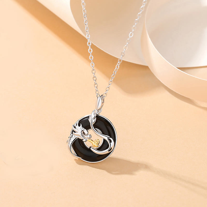 Buddha Stones 925 Sterling Silver Year of the Dragon Natural Black Onyx Chalcedony Dragon Phoenix Peace Buckle Protection Necklace Pendant Necklaces & Pendants BS Dragon Black Onyx(Protection♥Fortune)
