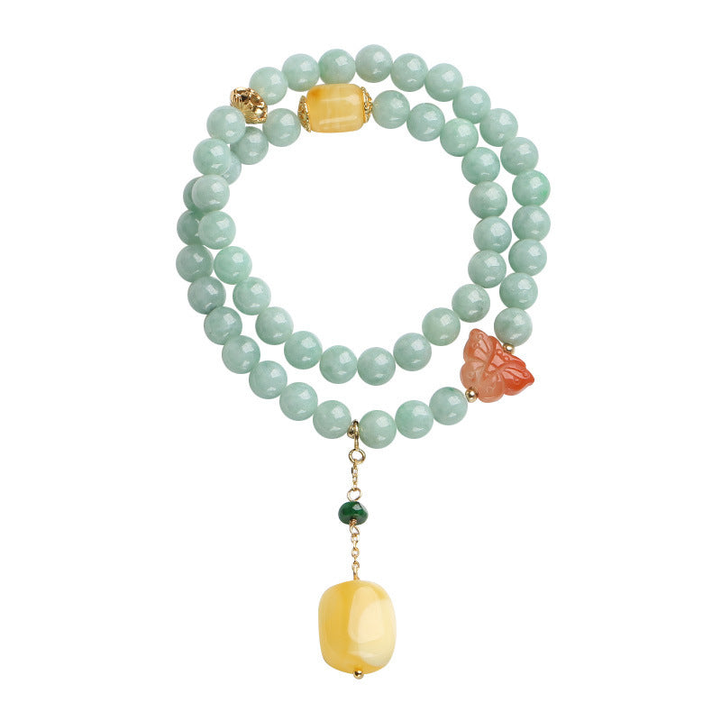 Buddha Stones 925 Sterling Silver Natural Jade Amber Butterfly Luck Abundance Bracelet Bracelet BS 6