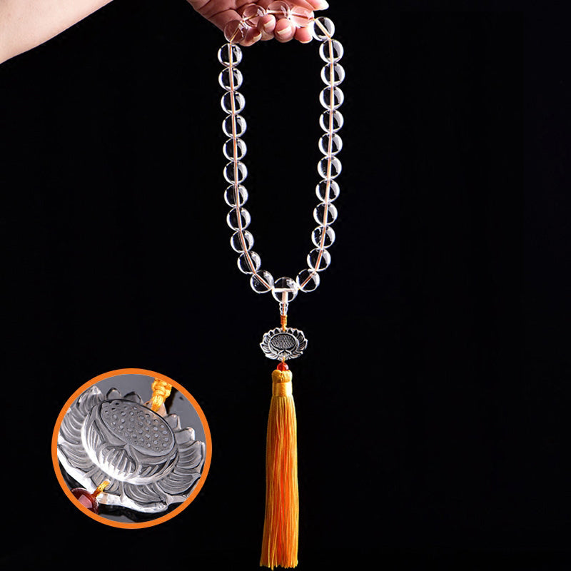 Buddha Stones Natural White Crystal Lotus Wrist Mala Meditation Tassels Pocket Mala Car Decoration Wrist Mala&Decorations BS 16mm