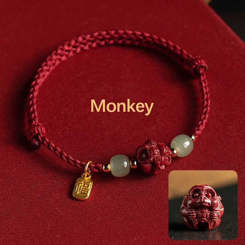 Buddha Stones Natural Cinnabar Chinese Zodiac Hetian Jade Fu Character Luck Rope Bracelet - Monkey(Wrist Circumference 14-18cm) - image 8