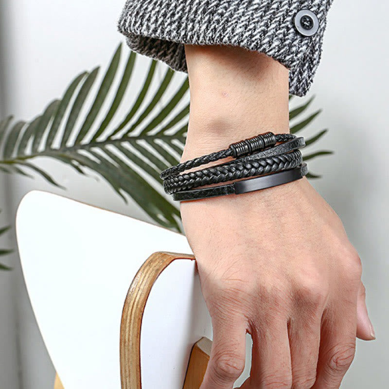 Buddha Stones Leather Multi-Layer Titanium Steel Balance Braided Magnetic Buckle Bracelet Bracelet BS 5