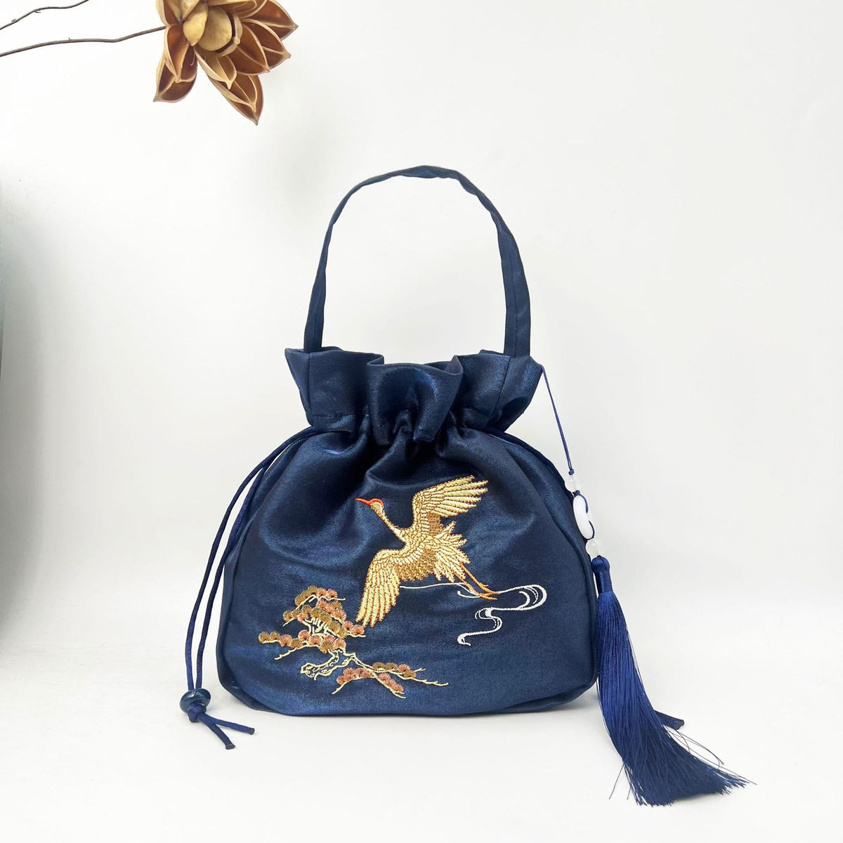 Buddha Stones Embroidered Lotus Koi Fish Crane Camellia Cotton Linen Tote Crossbody Bag Shoulder Bag Handbag Crossbody Bag BS Navy Blue Crane 20*20*7cm