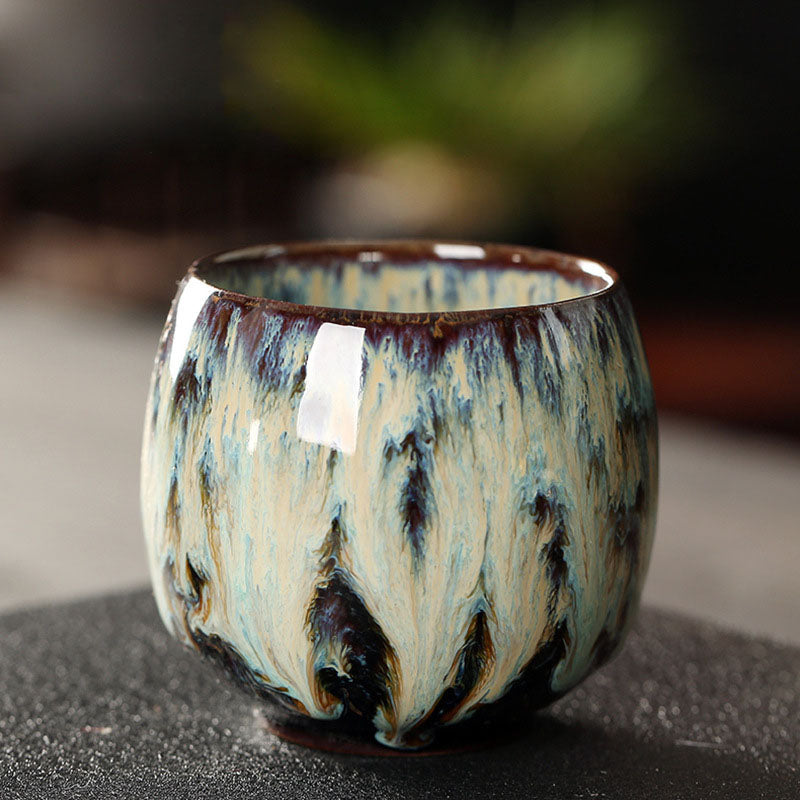 Buddha Stones Simple Multicolored Kiln Change Chinese Jianzhan Ceramic Teacup Kung Fu Tea Cup 110ml Jian Zhan Tea Cup BS Brown Yellow 6.5cm*6cm*110ml
