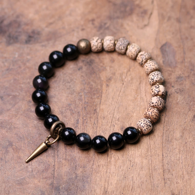 Buddha Stones Tibetan Bodhi Seed Black Obsidian Ebony Wood Copper Peace Bracelet Bracelet BS Bodhi Seed&Black Obsidian 18cm