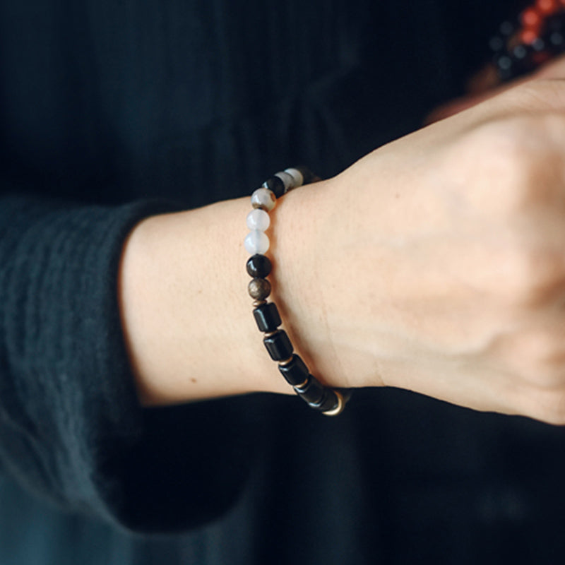 Buddha Stones Ebony Wood Red Jasper Moss Agate Crystal Copper Peace Couple Bracelet Bracelet BS 13