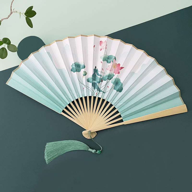 Buddha Stones Retro Lotus Flower Leaf Mountain Lake Handheld Folding Fan With Bamboo Frames Folding Fan BS Lotus Flower Leaf Beige Bamboo Frames