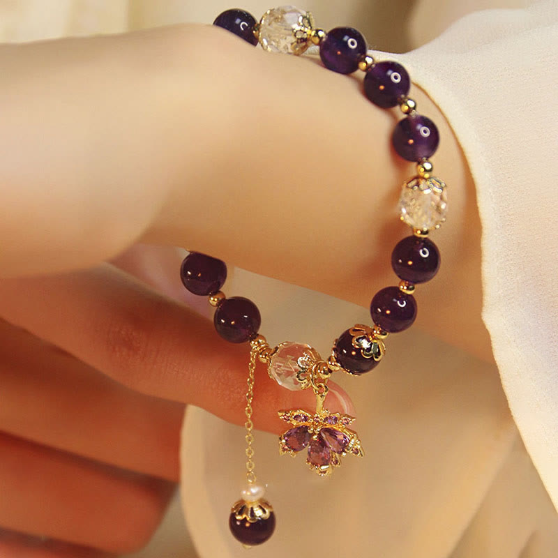 Buddha Stones 14k Gold Plated Natural Amethyst Healing Maple Leaf Charm Bracelet Bracelet BS 7