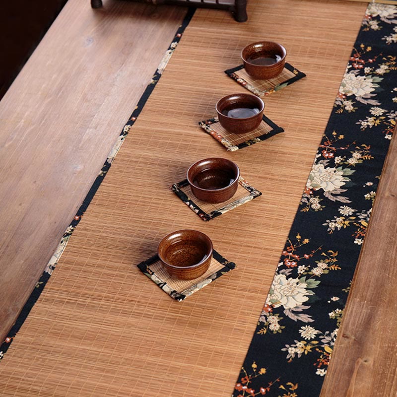Buddha Stones Vintage Peony Flower Blossom Bamboo Cup Mat Pad Tea Cup Coaster Kung Fu Tea Mat Tea Mat BS 2