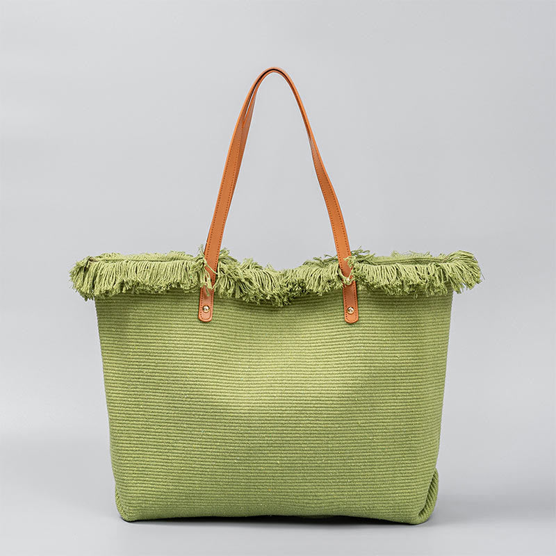 Buddha Stones Large Capacity Solid Color Tassel Canvas Tote Shoulder Bag Shoulder Bag BS Green 50*10*35cm