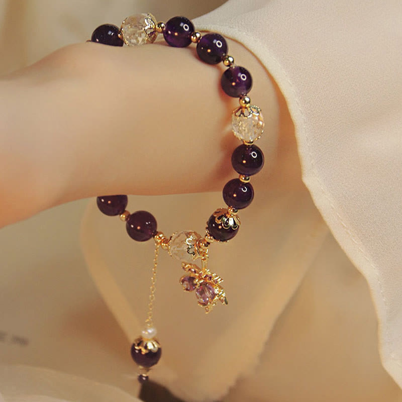 Buddha Stones 14k Gold Plated Natural Amethyst Healing Maple Leaf Charm Bracelet Bracelet BS 2