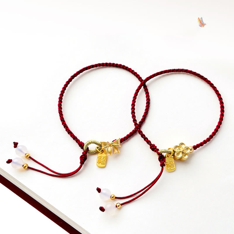 Buddha Stones Handmade Peach Blossom Rosette Bow Knot Fu Character Charm Luck Fortune Red Rope Bracelet Bracelet BS main