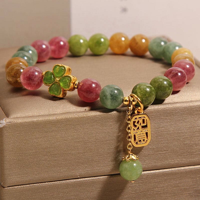 Buddha Stones Tourmaline Jade Colorful Four-leaf Clover Positive Bracelet Bracelet BS 1