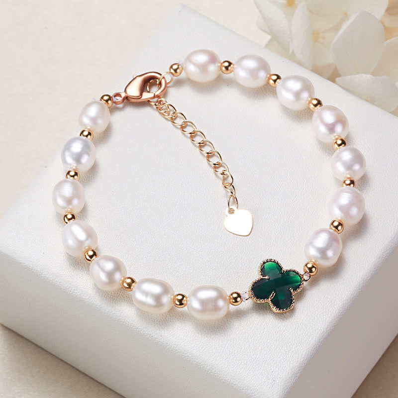 Buddha Stones Pearl Four Leaf Clover Wealth Chain Bracelet Bracelet BS Dark Green Four Leaf Clover
