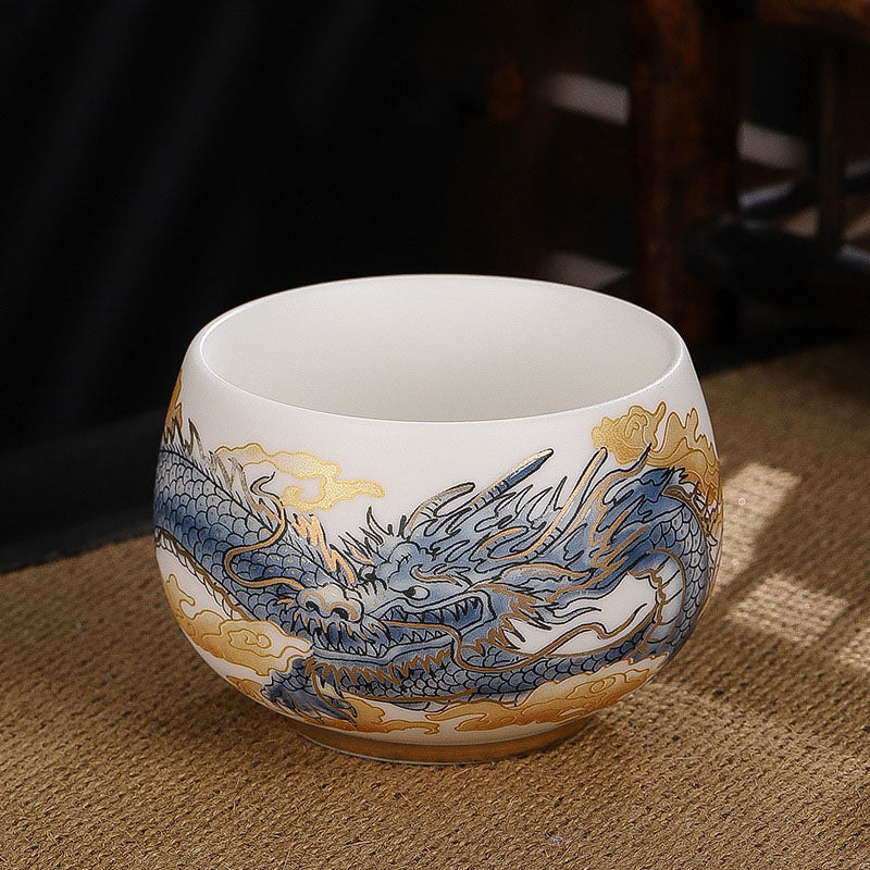 Buddha Stones Dragon Cicada Bamboo Deer Crane Lotus Plum Flower Ceramic Teacup Kung Fu Tea Cup Bowl 185ml Cup BS Auspicious Dragon 8.5cm*5.5cm*185ml