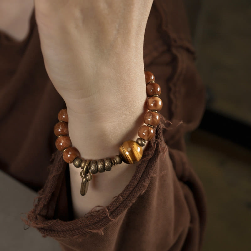 Buddha Stones Kuka Seed Tiger Eye Gold Sheen Obsidian Copper Wealth Luck Bracelet Bracelet BS 4